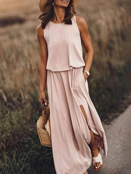 Rose Loose Waisted Sleeveless Slit Dress - Breezy Summer Essential