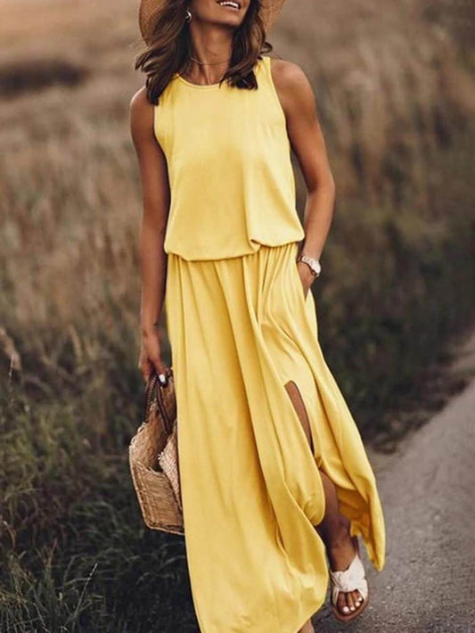 Rose Loose Waisted Sleeveless Slit Dress - Breezy Summer Essential