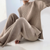 Virginia | Women's Wide Leg Ribbed Knit Set - Beige