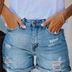 Roberta | Women's Chic Denim Shorts with Rips and Fringes - Blue