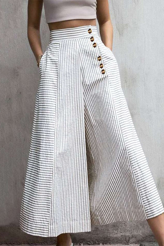Rebecca | High Waist Lightweight Cotton Blend Striped Trousers