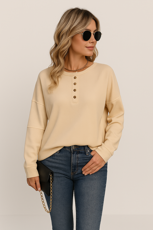 Winnie | Women's Waffle Knit Long Sleeve Button-Down Top