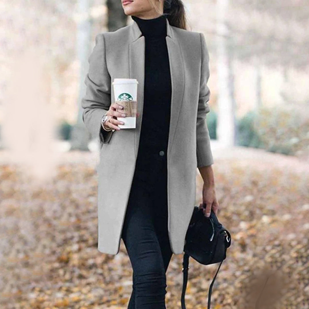 Leanne | Women's Long Collarless Coat in Luxurious Fabric