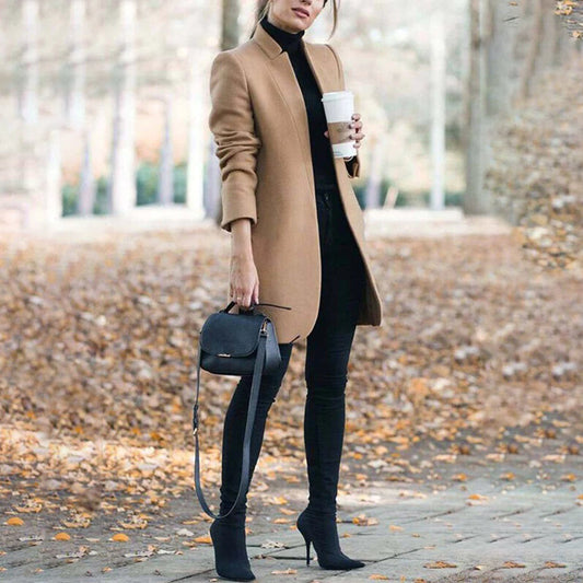 Leanne | Women's Long Collarless Coat in Luxurious Fabric