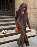 Morgan | Women's V-Neck Knit Sweater and Flare Midi Skirt Set