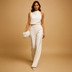 Ava | Women's High Neck Sleeveless Two-Piece Pant Set - White