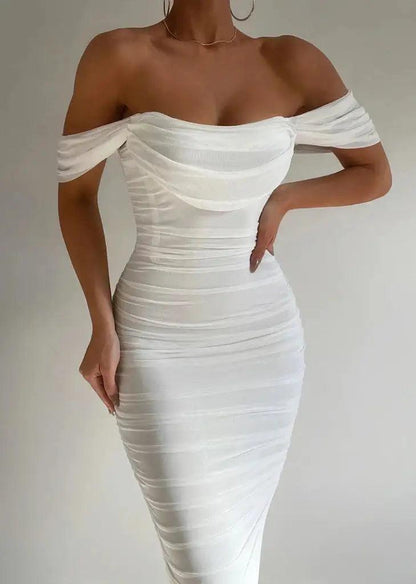 Scarlett | Elegant Off-Shoulder Midi Dress with Draped Sleeves