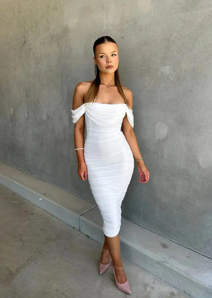 Scarlett | Elegant Off-Shoulder Midi Dress with Draped Sleeves