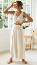 Marissa | Chic Two-Piece Women's Set - Sleeveless V-Neck Crop Top & Wide Pants